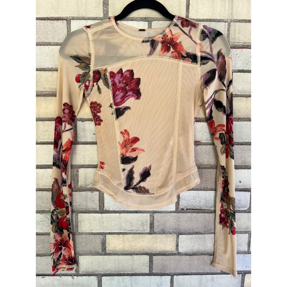 Free People Floral Mesh Long Sleeve Top Tan Pink Stretchy Fitted Size XS